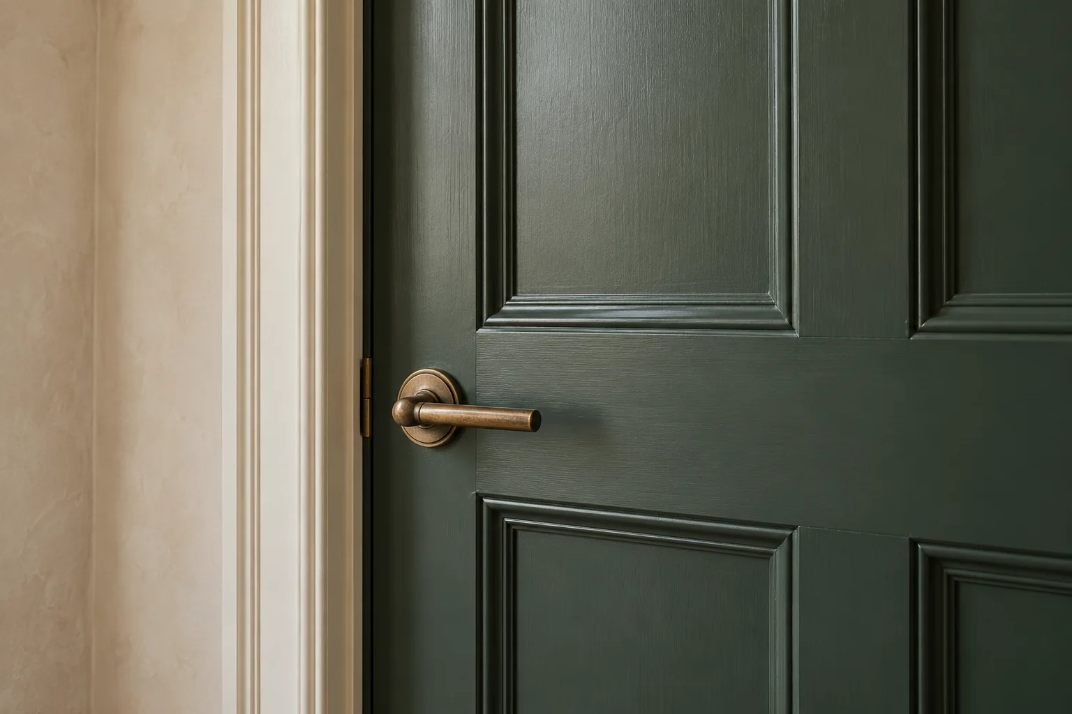 Illustrative green panelled door with painted mouldings and a brass handle