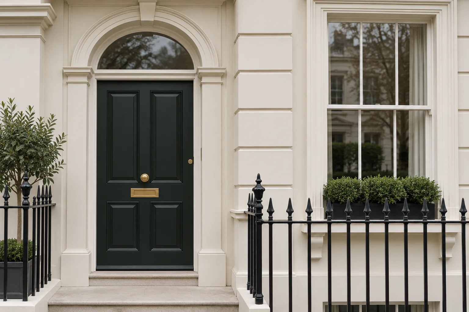 Illustrative townhouse entrance with painted stucco, timber door and railings