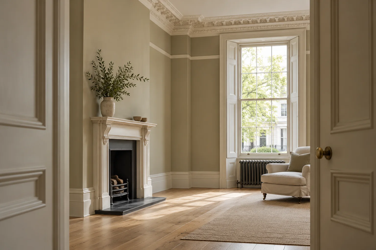 Illustrative period room with chalk walls, cornicing and a sash window